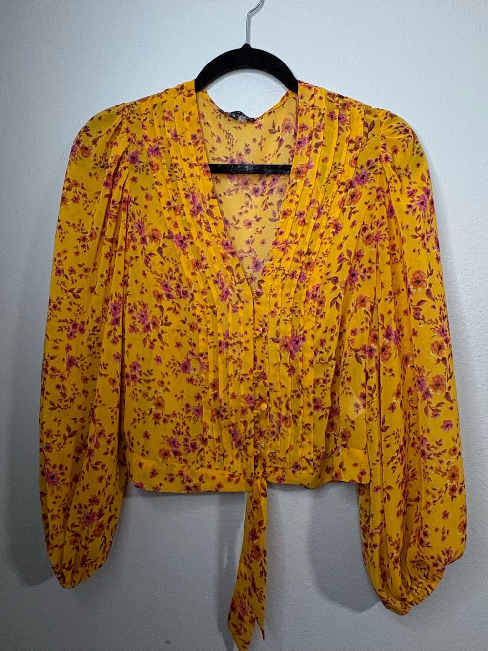 STATE Yellow Floral Tie-Front Blouse with Pink Accents